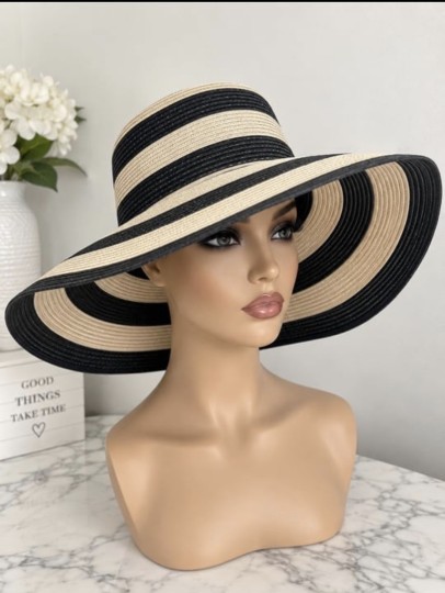 Serra Black and Beige Striped Wide Brim Floppy Straw Sun Hat